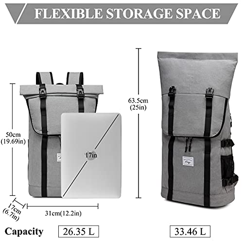 Kasqo Laptop Backpack For Men, 17 Inch Rolltop Large Capacity Water Resistant Travel Casual Daypack, Gray #TOP1