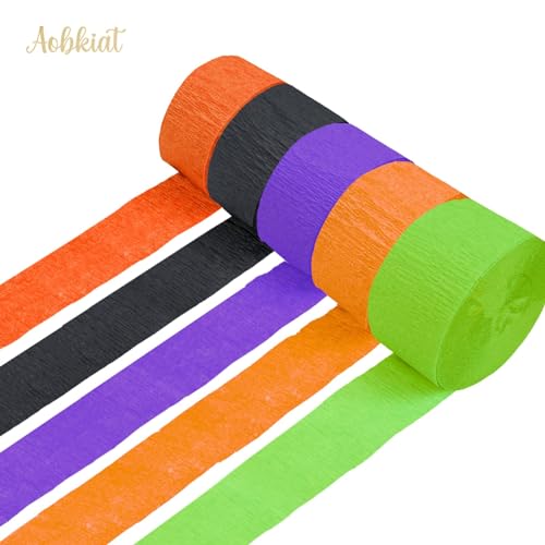 Image of AOBKIAT Halloween Streamers Party Decorations,in Orange Purple Black Green | 5 Rolls Crepe Paper Streamers for Halloween Thanksgiving Party Backdrop,DIY Tassel,Craft,1.8 inch X 82 ft /Roll