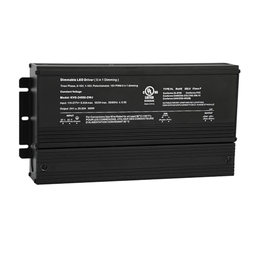 Image of 500W Dimmable LED Driver 24V, 110V-277V AC to 24V DC Led Light Transformer Compatible with lutron and leviton Dimmer, TRIAC /Phase /0-10V /1-10V /Potentiometer /10V PWM 5 in 1 Dimming LED Driver, UL Listed
