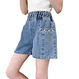 Baggy Jeans Shorts Mädchen High Waist Denim Shorts Kinder Niedlich Mode Weite Bein Kurze Hosen mit Elastischer Bund Bequem Locker Sommerhose Schule Lässige Freizeithose (Blue, 8-9 Years)