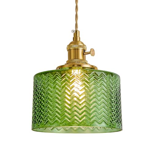 Image of Green Pendant Light for Kitchen Island, Modern Gold Hanging Light Fixture with Ribbed Glass Shade Adjustable Mini Chandelier Pendant Lighting for Dining Room Bedroom Foyer entryway 1 Pack