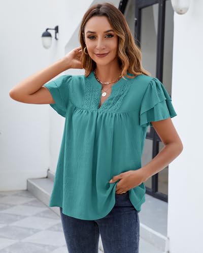 HEYTALALA Womens Summer Tops Dressy Casual Ruffle Short Sleeve V Neck Shirts Business Work Blouses 2025 Trendy3