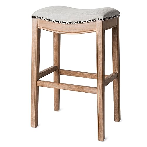 Maven Lane Adrien Kitchen Saddle Backless Bar Stool With Nailhead Trim, Weathered Oak, Bar Height #TOP26