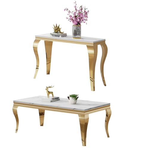 Image of Luxury Coffee Table Set of 2, Rectangular Coffee Table with Sofa Console Table, Modern 2 Piece Living Room Table Set with Faux Marble Top & Gold Stainless Steel S Legs for Apartment Home Office