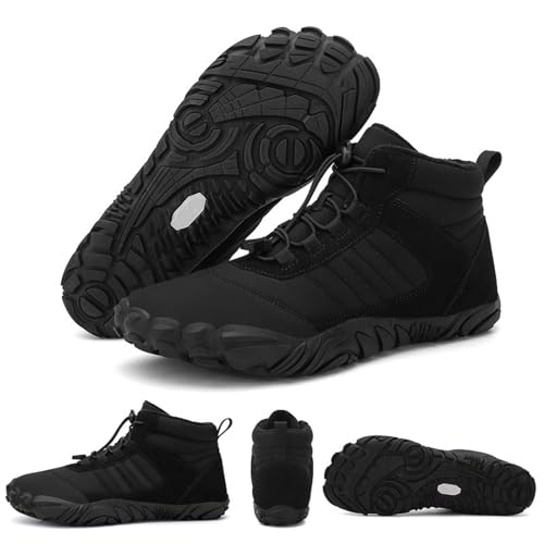 Wide Barefoot Hiking Boots for Women Men | Minimalist Five-Finger Fleece Warm Winter Shoes | Zero Drop Wide Toe Box Snow Boots | Waterproof Ankle Booties with Elastic Cord Black 47
