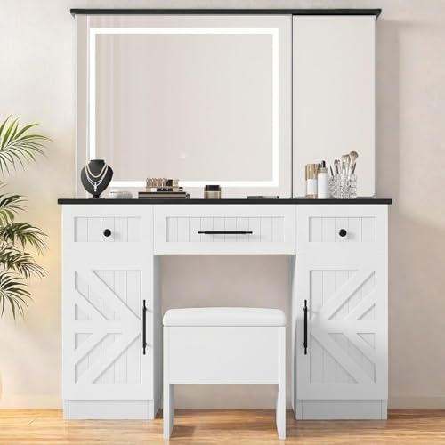YITAHOME Farmhouse Vanity Desk with Mirror Vanity Set with Stool