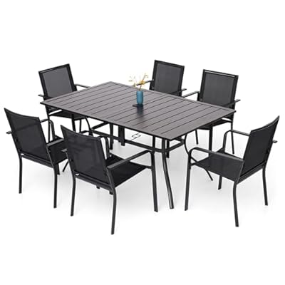 Anmutig Patio Dining Set for 6, 7-Piece Outdoor Furniture Rectangular Table and 6 Metal Textilene Stackable Chairs Set for Lawn Backyard and Deck Black