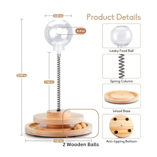 Image of Cat Treat Dispenser, Fun Interactive Cat Toys, Brain Stimulating Slow Feeder Leaky Toys with Wooden Track Turntable, Catnip, Spring, 2 Roller Balls with Leak Hole Diameter 0.5 inch, Small