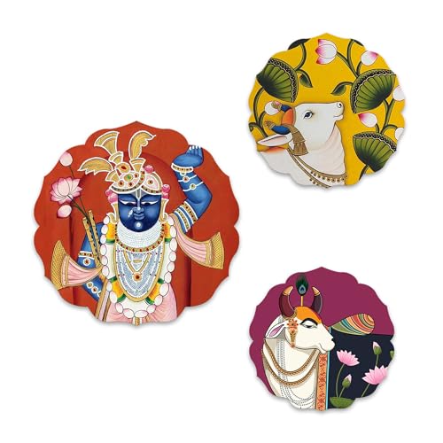 Artvibes Pichwai Designer Wooden Wall Hanging Decor | Decorative Hanging Items for Living Room | Office | Gifts | Modern Wall Decoration Accessories for Home | Door Hanging Painting Art Item (WH_8805)