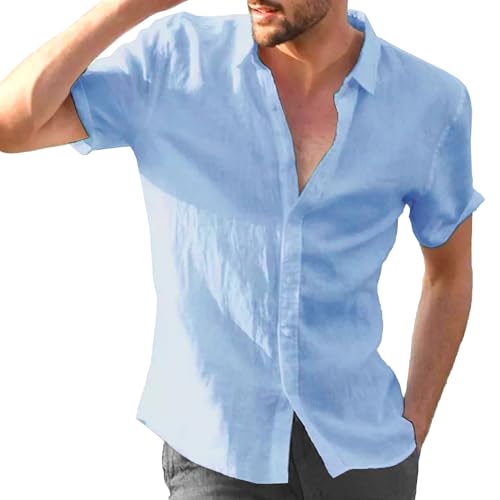 Mens Button Down Texture Beach Wedding Tops Regular Fit Linen Beach Dress Shirt Casual Cotton Spread Collar Shirts (Blue 1,Large)
