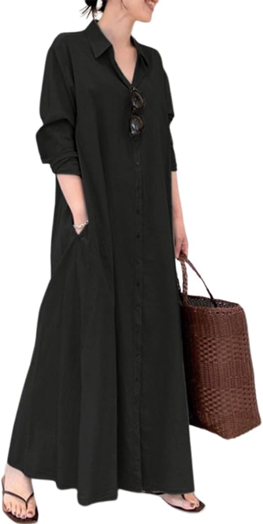Womens Long Sleeve Cotton Linen Maxi Shirt Dress Plus Size Casual Loose Lapel Button Down Long Dress with Pockets