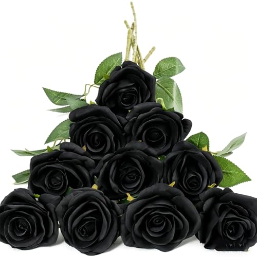 DXPETA Roses Artificial Flowers 12 Black Rose Stems with Petals Lifelike Artificial Roses for Home and Event Decor Realistic Silk Black Flowers Arrangement