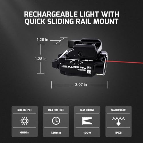 OLIGHT Baldr RL Mini 600 Lumens Compact Rail Mounted Weaponlight with Red Beam and White LED Combo, Magnetic USB Rechargeable Tactical Flashlight with 1913 or GL Rail, Built-in Battery