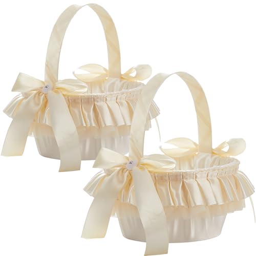 MISNODE 2 PCS Champagne Flower Basket, Wedding Flower Baskets with Pearl Handle, Satin Bowknot Fairy Flower Baskets with Lace, Wedding Baskets for Flower Wedding Ceremony