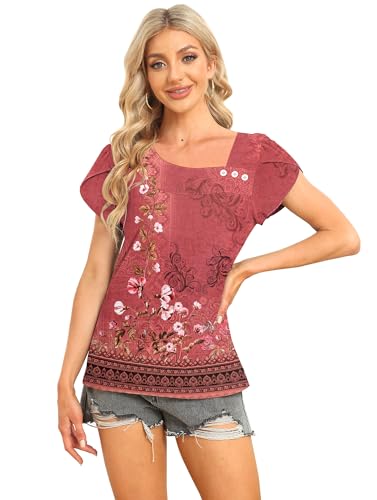 Image of Womens Petal Sleeve Tops Summer Trendy T Shirt Casual Loose Square Neck Button Blouse Tees