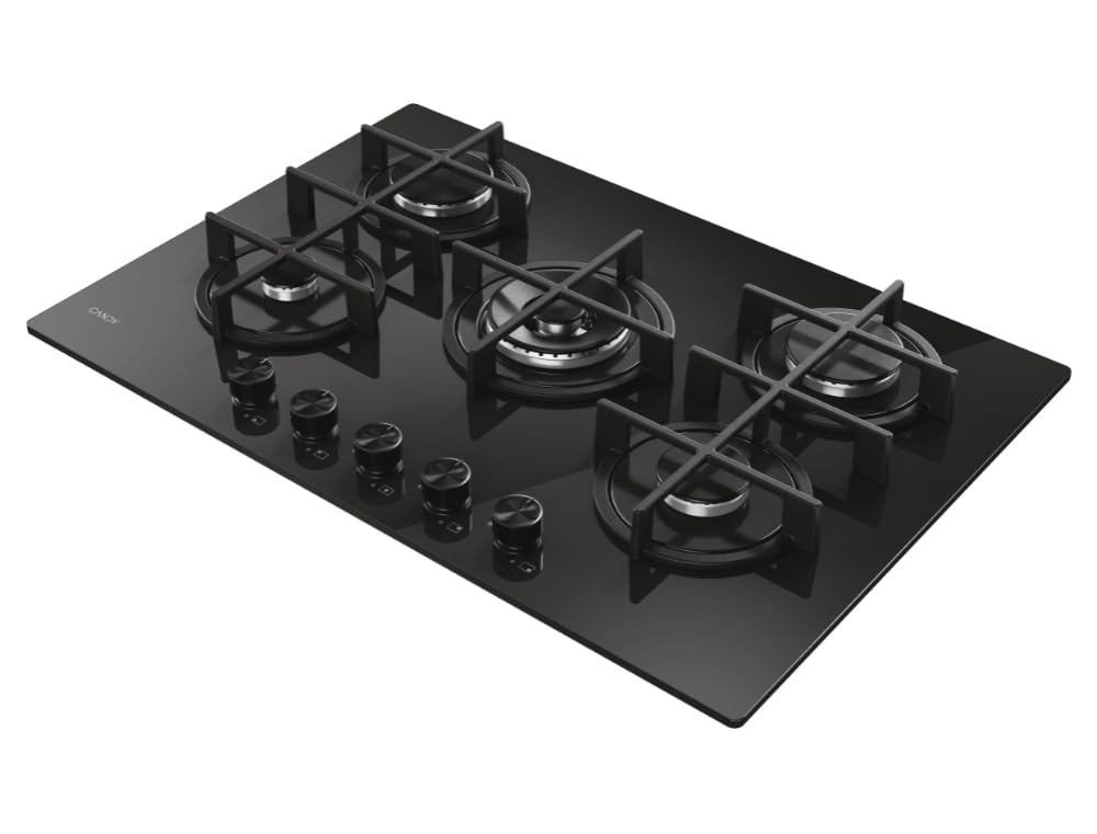 Candy Moderna Gas On Glass Piano Cottura a Gas 5 Fuochi, Vetro Temperato, Bruciatore a Doppia Corona, Griglie Lavabili in Lavastoviglie, AxLxP 0,8x74,5x51 cm, Nero - CVG74WTB