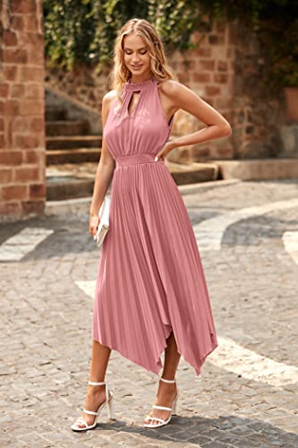 Prettygarden Summer Dress For Women Elegant Halter Neck Cut Out Irregular Hem Pleated Midi A-Line Flowy Dresses (Pink,Large) #TOP3