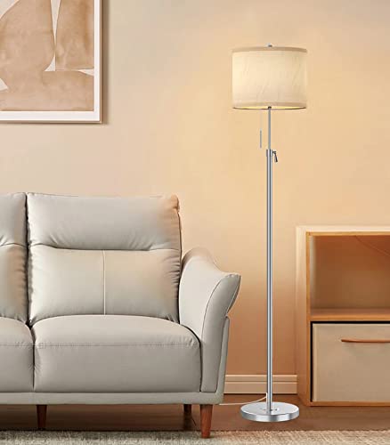 Modern Silver Floor Lamp For Living Room, Adjustable Height Standing Lamp With Metal Base, 3-Way Dimmable Tall Pole Light With White Linen Shade For Bedroom, Pull Chain Switch, 6W Led Bulb Included #TOP4