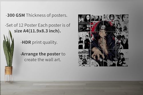 Image of Posternet Naruto Manga Wall Art Collection, 90 x 60 cm, Set of 12 Panels, Black and White with Red Accents, Matte Finish (33 inch X 23 inch)