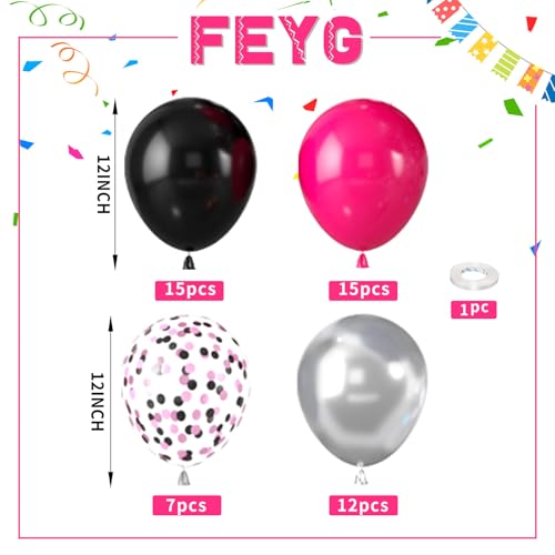Image of Hot Pink and Black Balloons 50PCS 12 Inch Black Pink Silver Balloons