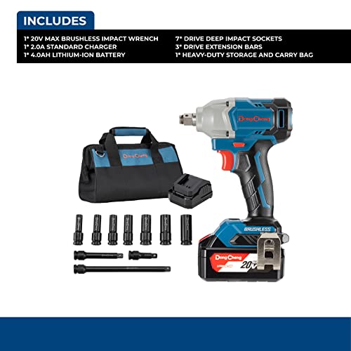 Dong Cheng 20V max Bürstenloser Akku Schlagschrauber, Drehschlagschrauber, max. Drehmoment 298N.m.,1/2 Zoll-Außenvierkant, mit 4.0Ah Akku, 1 Ladegerät,7 Schlagstecknüssen – Bild 4