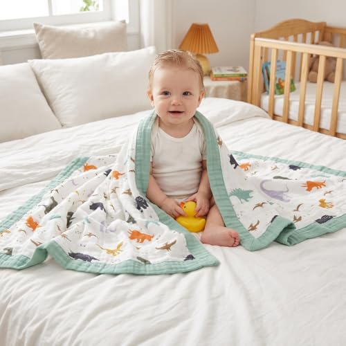 Image of Little Jump Dinosaur Muslin Blanket Baby Quilt - Silky Soft and Breathable Crib Blanket for Daycare - Large 47 inch x 47 inch - 2 Layers Toddler Summer Blankets for Boys (Dinosaur)