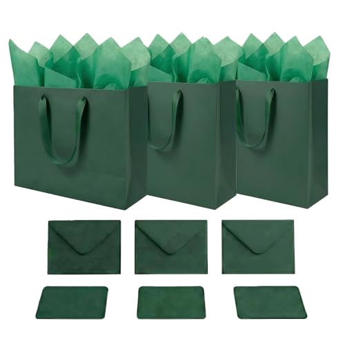 JUNESHE Teal Gift Bags Set of 3, 13.8 inch Paper Bag with Handles Matching Card Envelop Sticker Tissue Paper for Party Shopping Birthday Wedding Anniversary Turquoise