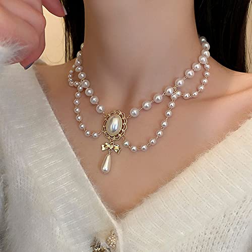 Women Bridal Vintage 1920s Imitation Pearl Necklace Layered Tassels Shiny Bow Choker Necklace Fashion Simple Necklaces for Women Party2
