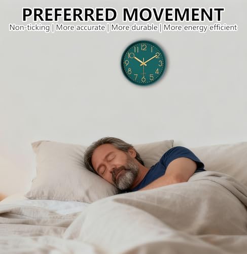 Image of Wall Clock, Silent Wall Clocks Battery Operated 10 Inch- Modern Non Ticking Analog Clock with Large Numerals Tempered Glass Clocks for Bedroom Living Room Kitchen Office Decor, Dark Green