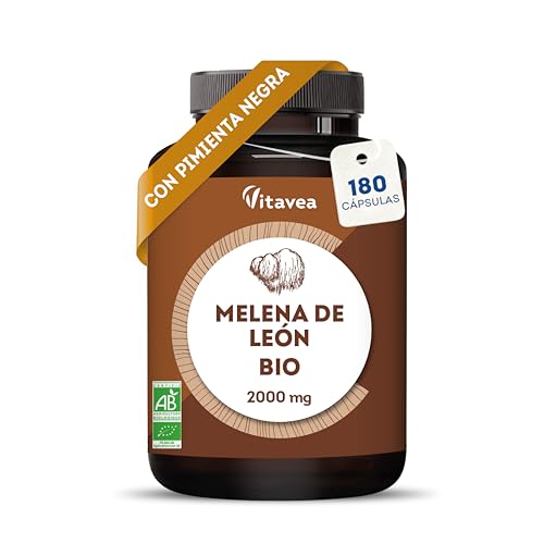 Melena de León BIO 2000 mg – Lion’s Mane Hericium Erinaceus – 180 Cápsulas Veganas con Pimienta Negra – Extracto Concentrado 30:1 – Memoria, Concentración e Inmunidad – Vitavea