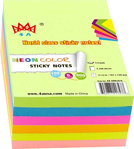 Sticky Notes 4A Fluo 10,2x15,2 cm | Bloc-Notes Auto-Adhésifs Lignés 100 Feuilles Lot de 6