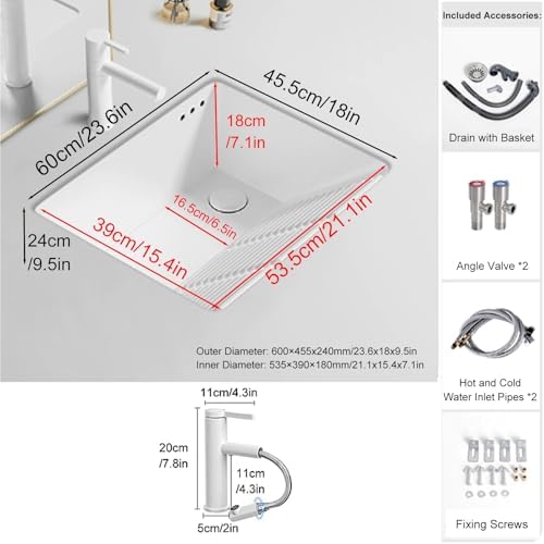 Undermount Rectangular Ceramic Bathroom Sink with Washboard, Pull-Out Faucet, Overflow & Drain Hole - Ideal for Laundry Room & Balcony (20.5"x18"x9.5")