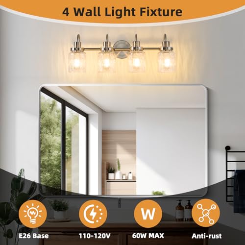Image of 4 Lights Hammered Glass Bathroom Vanity Light,Brushed Nickel | Easy Installation,Up or Down,Farmhouse Modern Style,E26 Socket,ETL Certification