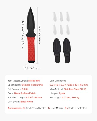 Image of VEVOR Throwing Knives Set, 6 Pack, 8.9 inch Stainless Steel Well-Balanced Knives with Protective Black Nylon Sheath, Ideal Companion for Throwing Products Axes, Sturdy for Recreation and Competition