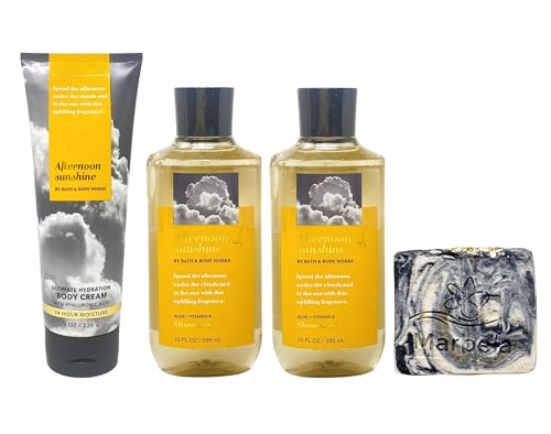 Bath & Body Works Afternoon Sunshine 3 Piece Bundle - Body Cream and 2 Shower Gels - with a Charcoal Scrub Bar Soap - Full Size