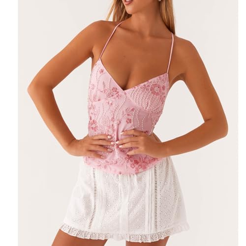 Women Y2K Sequin Cami Top Sexy V Neck Open Back Criss Cross Straps Tank Cute Sparkle Backless Low Cut Summer Crop Tops3