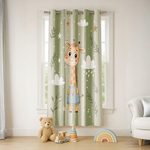 Image of STITCHNEST Velvet Kids Curtains Pack of 2 | Cartoon Giraffe in Dress Print | Semi Blackout Curtains for Nursery, Baby & Toddler Room | 7 Feet