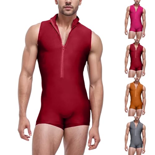 DUHENWU Herren Body Stringer Bodysuit Overall Unterhemd Bodycon Sportbody Mit Reißverschluss Eng Stretch Gymnastikbody Unterwäsche Overall Unterhemd Männer Gym Fitness Training Jumpsuit
