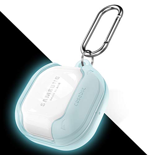 Fintie Silicone Case for Samsung Galaxy Buds FE (2023) / Buds 2 Pro (2022) / Buds 2 (2021) / Buds Pro (2021) / Buds Live (2020), Shockproof Carrying Cover with Carabiner, No Need Adhesive,Blue-Glow