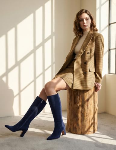 Image of VIUGJNEX Knee High Boots Pointed Toe Chunky Heel Tall Boots for Women