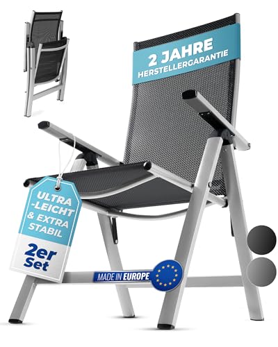 gardisun Hochlehner Gartenstuhl klappbar aus Aluminium, 2-Fach pulverbeschichtet, wetterfest, leicht, 5-Fach verstellbar, Made in EU, 2er Set, Silber