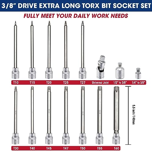 RIZOM 15-Piece 3/8" Drive Extra Long Torx Bit Socket Set, T10-T60 Star Bit Socket Set, CR-V and S2 Steel