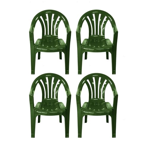 simpahome Stackable Clam Style Back Plastic Garden Chairs - GREEN - Set of 4 Chairs for Indoor or Outdoor Use.