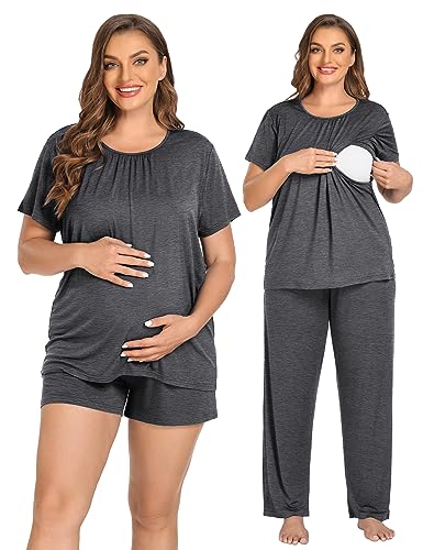 Image of SWOMOG Women 3Pcs Maternity Pajama Set Nursing Pjs Pregnancy Set Breastfeeding Pjs Double Layer with Pockets