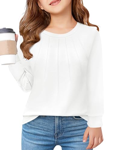 Haloumoning Girls Pleated Long Sleeve Shirts Fashion Dressy Tunic Tops Blouses 5-14 Years White