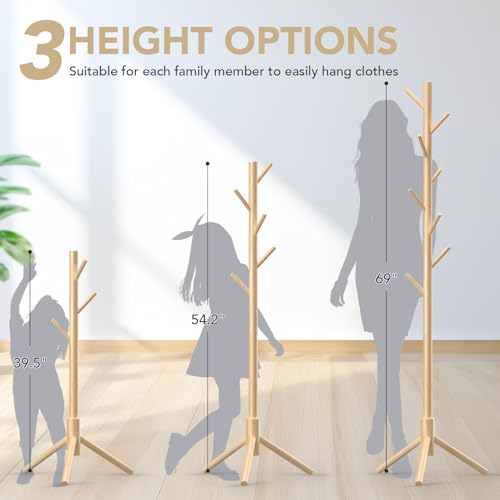 OUTGAVA Wooden Coat Rack Freestanding with 8 Hooks,Easy Assembly New Zealand Pine Tree Coat Racks, 3 Adjustable Sizes for Clothes, Hats, Bags, for Entryway, Hallway, Bedroom, Office(Nature)