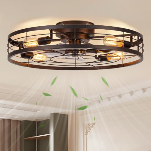 Image of VOLISUN 27.6'' Caged Ceiling Fan with Light and Remote,Rustic Low Profile Ceiling Fan with Light Flush Mount, Farmhouse Bladeless Fandelier Ceiling Fans with Lights for Kitchen,Bedroom-Black