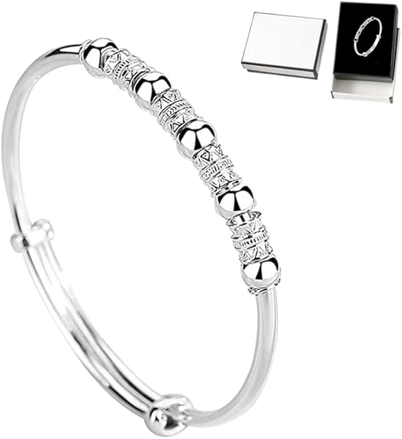 DOMINNE Silver Bangle Bracelet Spinner Bangle Fidget Bracelet for Anxiety Bead Bracelet Personalised Bracelet Adjustable Jewellery for Women Girls