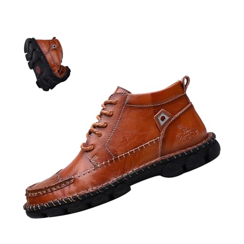 Men's Vintage Mid-top Chukka Leather Boots,Comfy Hand-Stitching Lace-up Non-Slip Softsole Work Military Combat Booties