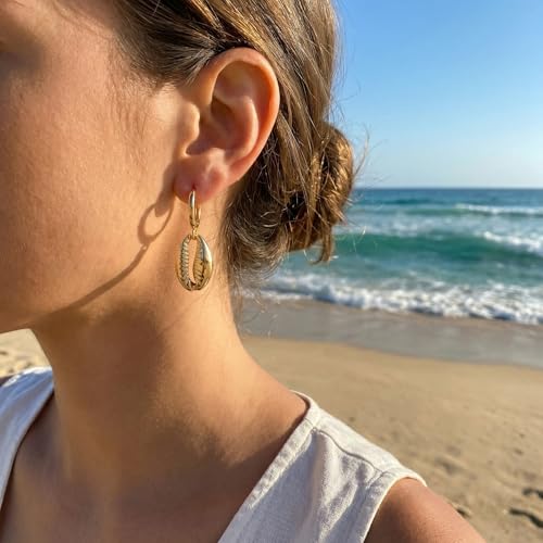 Image of Gold Starfish Mermaid Tail Dangle Drop Earrings for Women, Trendy Cute Pearl Fish Tail Shell Textured Hoop Dangling Earing Summer sea Beach Jewelry Gift.